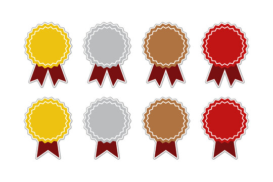 Gold, silver, bronze, and red award sticker label set with ribbon.