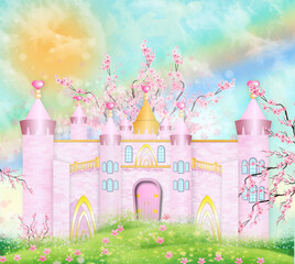 illustration of a pink castle in the forest on a sunny day