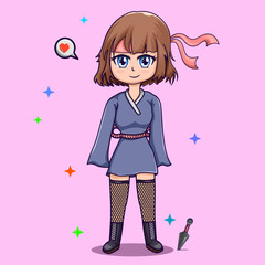 illustration of cute ninja girl vector cartoon style
