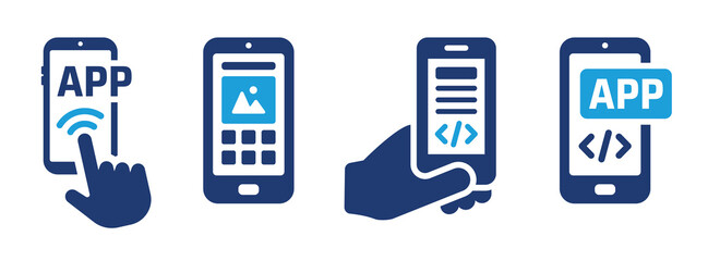 Application on mobile phone icon set. Hand holding smartphone with app template design.