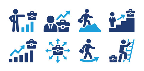 Career, job and work icon set. Containing businessman with case icon. Achievement symbol vector illustration.