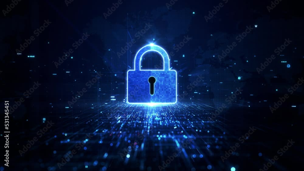 Poster blue padlock icon cyber security of digital data network protection, secure technology blockchain da