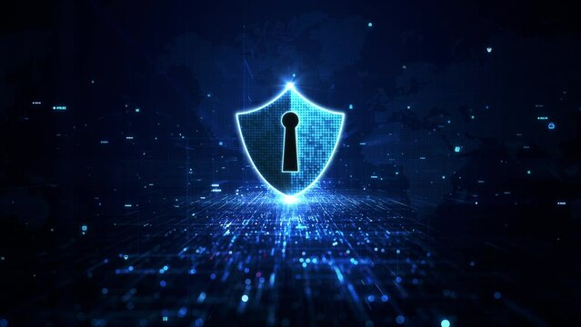 Blue Shield Icon Cyber Security, Digital Data Network Protection, Future Technology Digital Data Network Connection Abstract Background Concept.