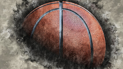 Brown Basketball illustration combined pencil sketch and watercolor sketch under white-black background. 3D illustration. 3D CG. High resolution.