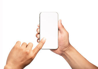 Hand holding the smartphone with blank screen and modern frameless design - isolated on white background