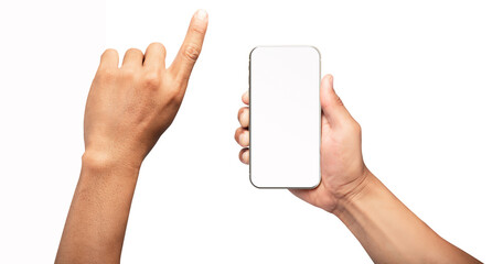 Hand holding the smartphone with blank screen and modern frameless design - isolated on white background