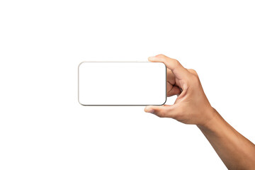 Hand holding the smartphone with blank screen and modern frameless design - isolated on white background