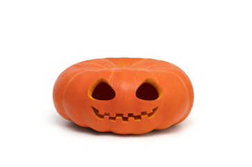 Halloween pumpkin Jack o Lantern head isolated on white background. Funny carved Halloween pumpkin.