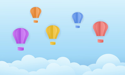 Colorful hot air balloons on blue sky paper art style. - Vector.