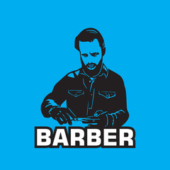 barber working logo, silhouette of a man cutting hair, vector illustrations