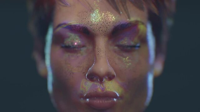 Cyber Girl  waking up and opening robotic eyes, closeup headshot portrait of a woman with creative glittering makeup