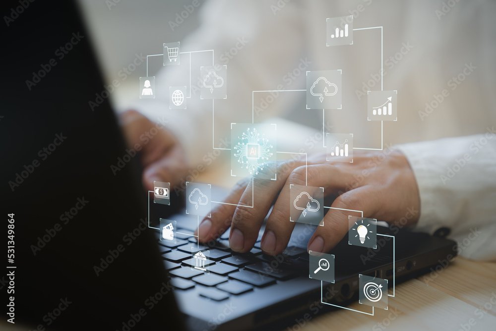 Aufkleber Ai technology, cloud computing. Digital transformation change management, internet of things. Technology bigdata and business process strategy, Financial management, smart industry.