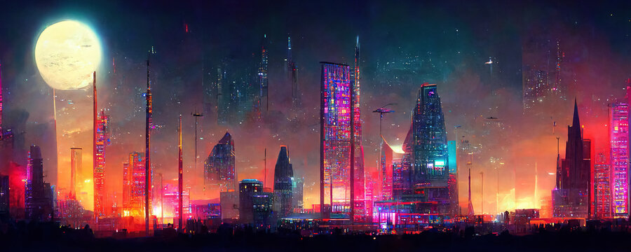 Nighttime in cyberpunk city of the futuristic fantasy world features skyscrapers, flying cars, and neon lights. Digital art 3D illustration. Acrylic painting.