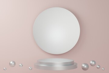 Empty podium with hipster white pink abstract pastel background composition, Abstract Platforms for cosmetic product presentation, 3d illustration pedestal for display creative Minimal concept.
