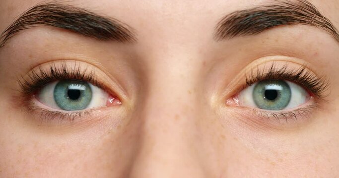 Green eyes, woman and microblading eyebrow hair for beauty and skincare of a human face. Zoom of eyesight and vision health with natural eyelash makeup to see visual eyeball anatomy of a young girl