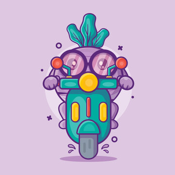 cute turnip vegetable character mascot riding scooter isolated cartoon in flat style design