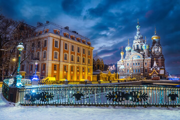 Saint Petersburg Christmas. Russia winter. Savior on Spilled Blood on winter night. Evening streets of Saint Petersburg. Canals Petersburg in snow. Orthodox church in Russian city. Excursions Russia