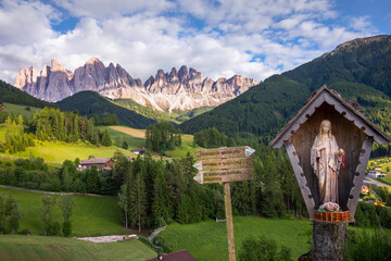 Chapel of St. Magdalena in Funes Valley, Dolomites alps in Northern Italy