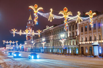 Saint Petersburg winter. Russia snow. Road Winter Saint Petersburg.Christmas Decorations Above...