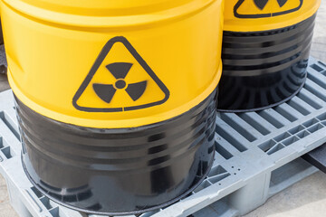 Toxic substances. Barrels with danger sign. Symbol of toxic substances on metal barrels. Concept of...