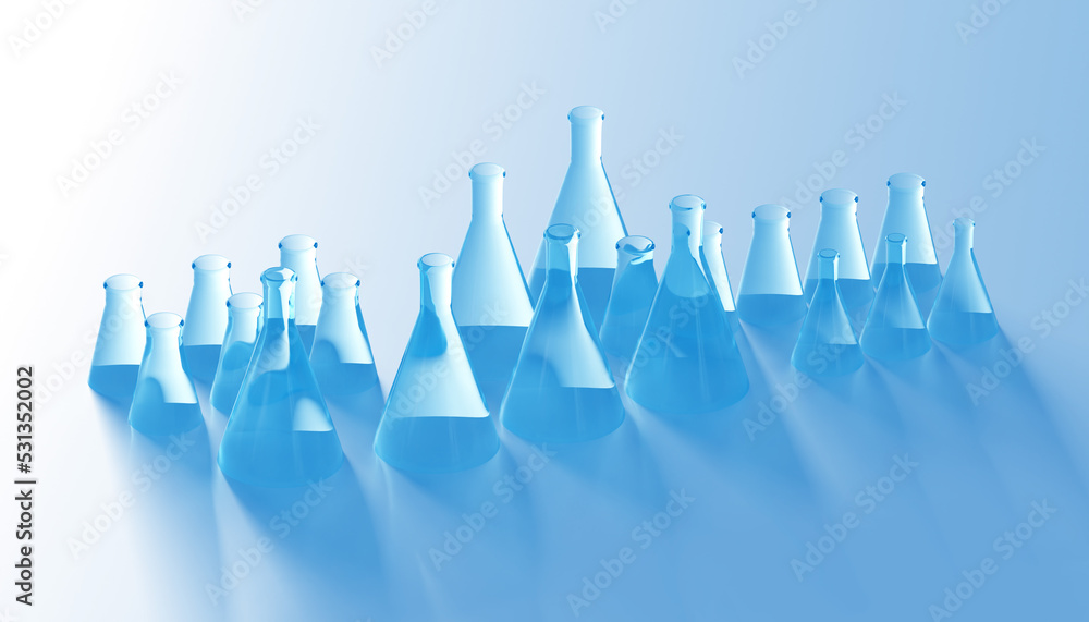 Poster lab glassware. flasks of different sizes. visualization of test tubes. three-dimensional laboratory 