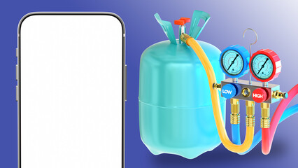 Phone mock up. Freon gas cylinder. Gas for refueling air conditioners. Concept tracking Freon in air conditioner through phone. Manometers show absence Freon. Phone white screen on blue. 3d image