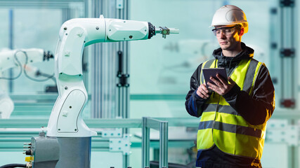 Automation factory production. Man engineer and arm manipulator. Engineer adjusts operation production manipulator. Robotic arm in white. Robotic technologies. Robotic arm in front factory workers