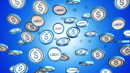 USDC background. Stablecoins and cryptocurrencies. USDC and dollar symbols. Using stablecoin for payments. USDC is stable cryptocurrency. Background with symbols of fiat and digital dollars. 3d image - obrazy, fototapety, plakaty