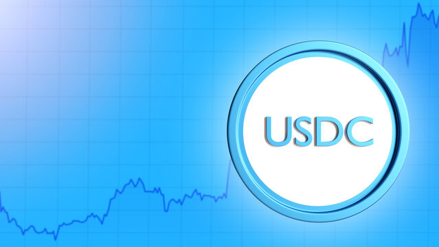 USDC growth chart. Increasing value digital dollar. Coin with USDC logo. USD Coin in front of blue rising chart. USDC technology. Stablecoin coin equal to US dollar. Stable Cryptocurrency. 3d image