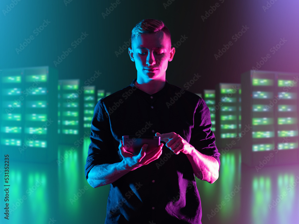 Poster young it specialist. man manager it company. control of server hardware via tablet. it specialist wi