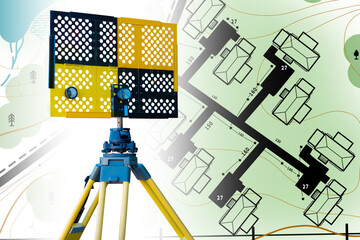 Theodolite on tripod. Topographic map for construction. Theodolite for construction work. Equipment...