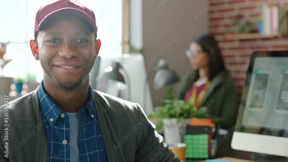 Poster Web design, creative designer and computer website at startup company, working on digital app and smile for success at work office. Face portrait of African ux employee in coding business on pc