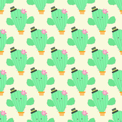 Illustration vector graphic seamless pattern cactus with hat and pink flower premium vector. Print on cloth, fabric, linen, textile and wallpaper background