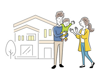 ベクターイラスト素材：マイホームと3人家族
