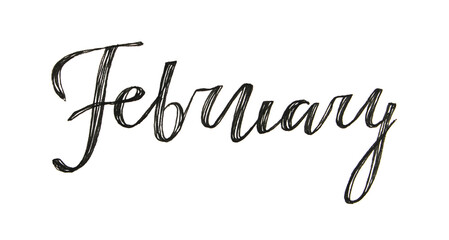 Lettering word February isolated on white background. Text for calendar or notebook. Hand-drawn black marker winter month. Creative clipart for sketchbook or daily planner