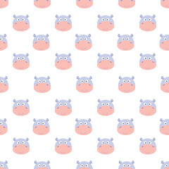 Funny design smile hippo cartoon seamless pattern for background and wallpaper. Adorable endless heads hippopotamus for a baby fashion, fabric, nursery design. Vector.