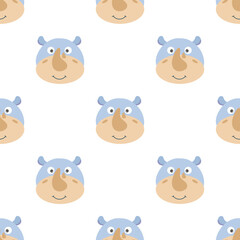 Funny design smile Rhino cartoon seamless pattern for background and wallpaper. Adorable endless heads for a baby fashion, fabric, nursery design. Vector.