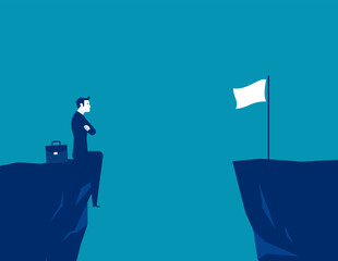 Obraz premium Businessman thinks how to reach the finish flag on the edge of the cliff. Business accessibility vector illustration