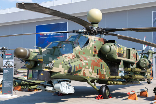 MOSCOW REGION, RUSSIA - AUGUST 18, 2022: Mi-28NE (export version) - Russian attack helicopter close-up. International military-technical forum "Army-2022", Patriot Park