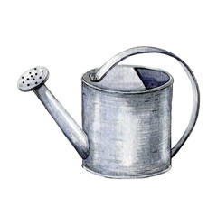 Metal watering cat watercolor illustration. Hand drawn garden and farm equipment tool. Vintage style watering can element. Isolated on white background © anitapol