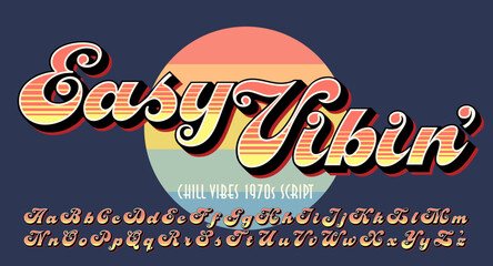 Easy Vibin' script alphabet: A retro 1970s style font with striped and 3d shadow treatment. Great for tees and sweatshirts, or vintage logos. - obrazy, fototapety, plakaty
