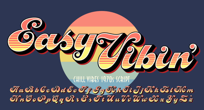 Easy Vibin' script alphabet: A retro 1970s style font with striped and 3d shadow treatment. Great for tees and sweatshirts, or vintage logos.