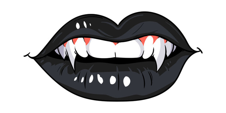 Sexy female lips with fangs. Girl vampire teeth. Black lips. Hand drawing illustration isolated on white background. Vector EPS 10