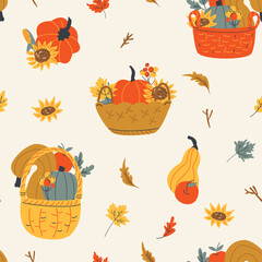 Seamless pattern of baskets with colorful sunflowers, berry, pumpkins, squash, gourds and maple leaves on light background. Repeatable motif for seasonal Fall, Autumn and Thanksgiving
