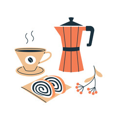 Aromatic coffee and dessert. Cup of fresh brewed hot drink with tasty roll cake decorated by branch with berry composition. Flat vector illustration isolated on white background