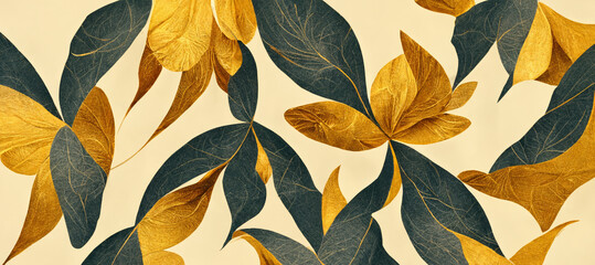 Gold and green leaves pattern on white background. 3D illustration