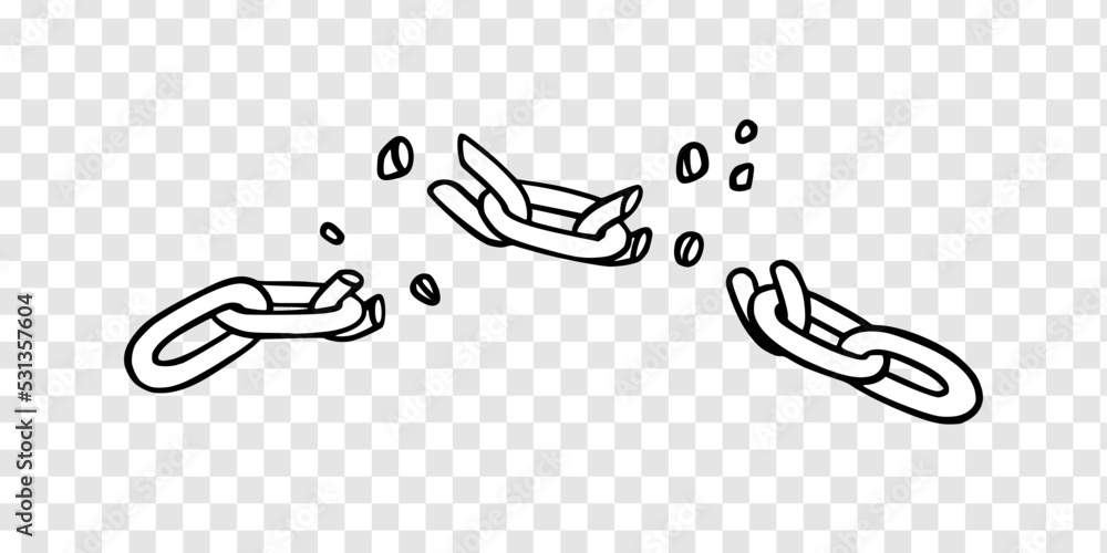 Poster broken chain with shatters as symbol of strength and freedom. sketch of metal chains. vector illustr