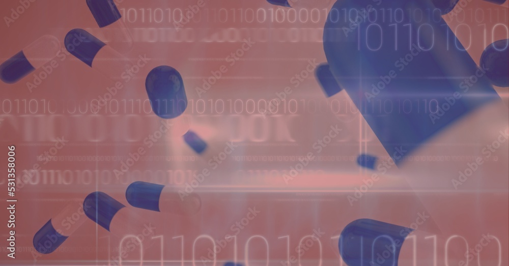 Poster digital illustration of pills floating over data processing and statistics