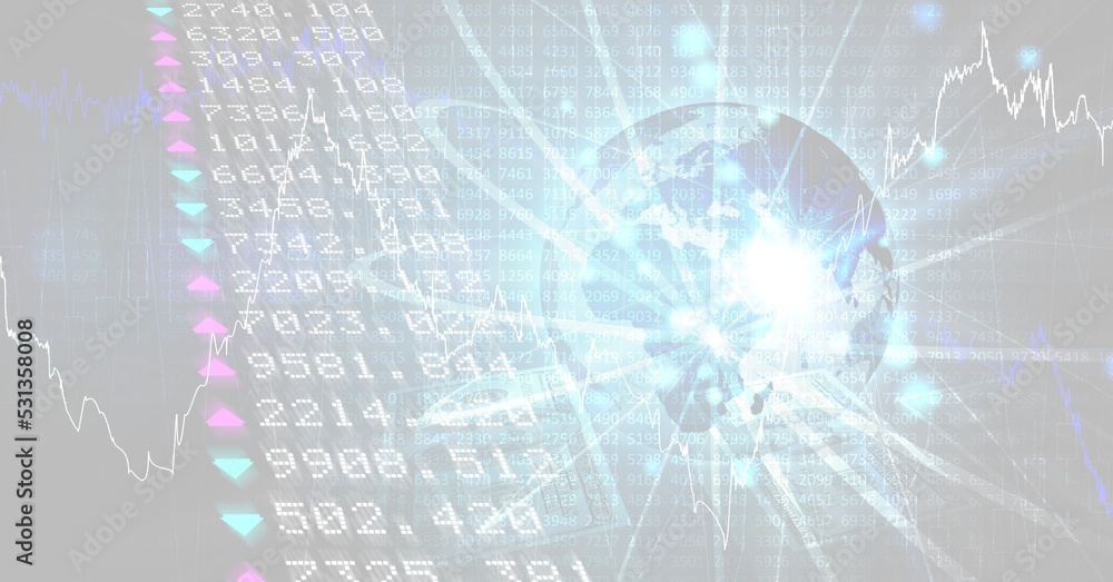 Poster digital illustration of a globe with a web of connection over data processing and statistics