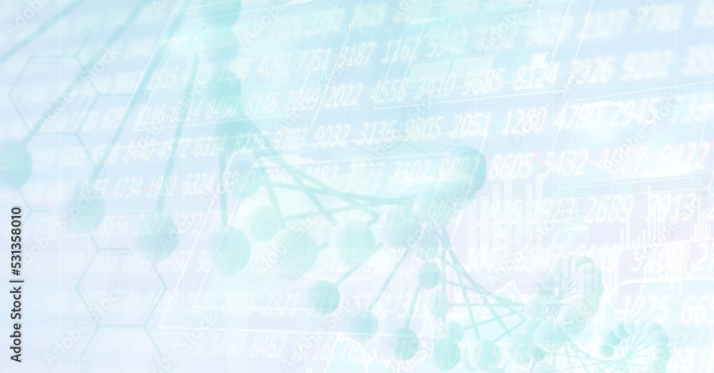 Poster digital illustration of a dna strain over data processing and statistics